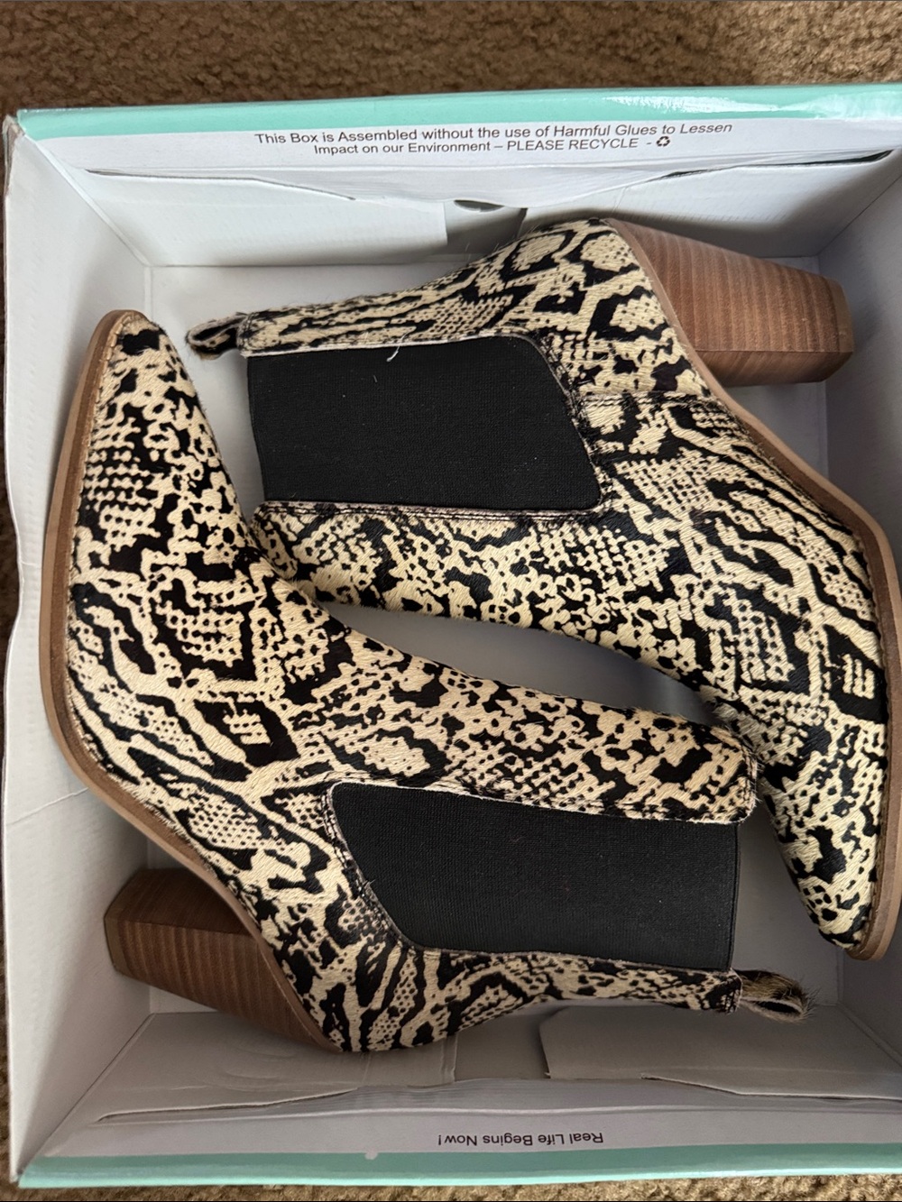 Women's Snake-Print Chelsea Booties in Black and Cream with Stacked Heel